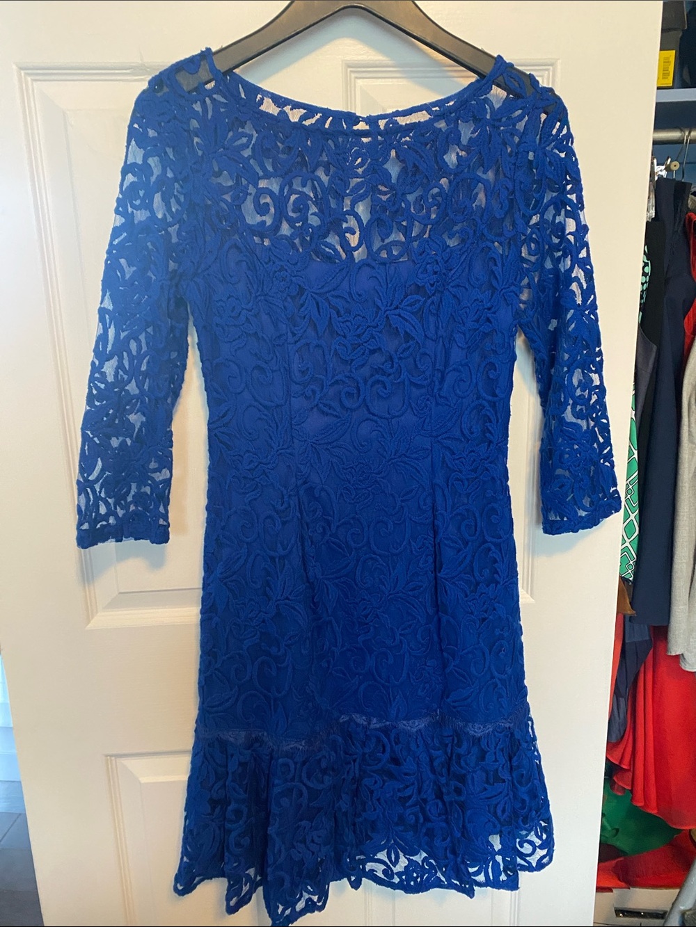 Adrianna Papell Cobalt Blue Lace Fit & Flare Dress with 3/4 Sleeves